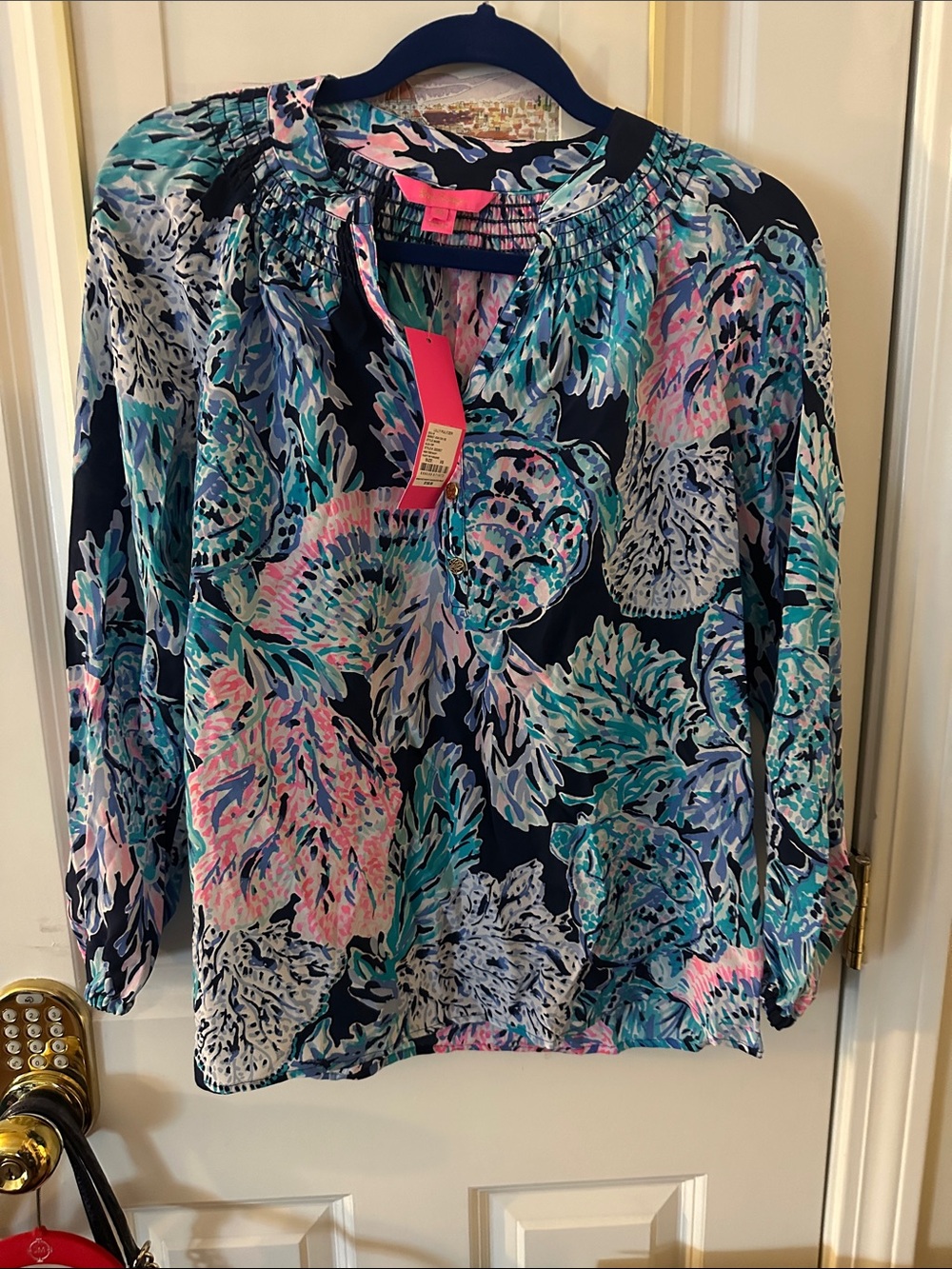 Lilly Pulitzer NWT Navy Turquoise Pink Floral Silk Blouse size XS